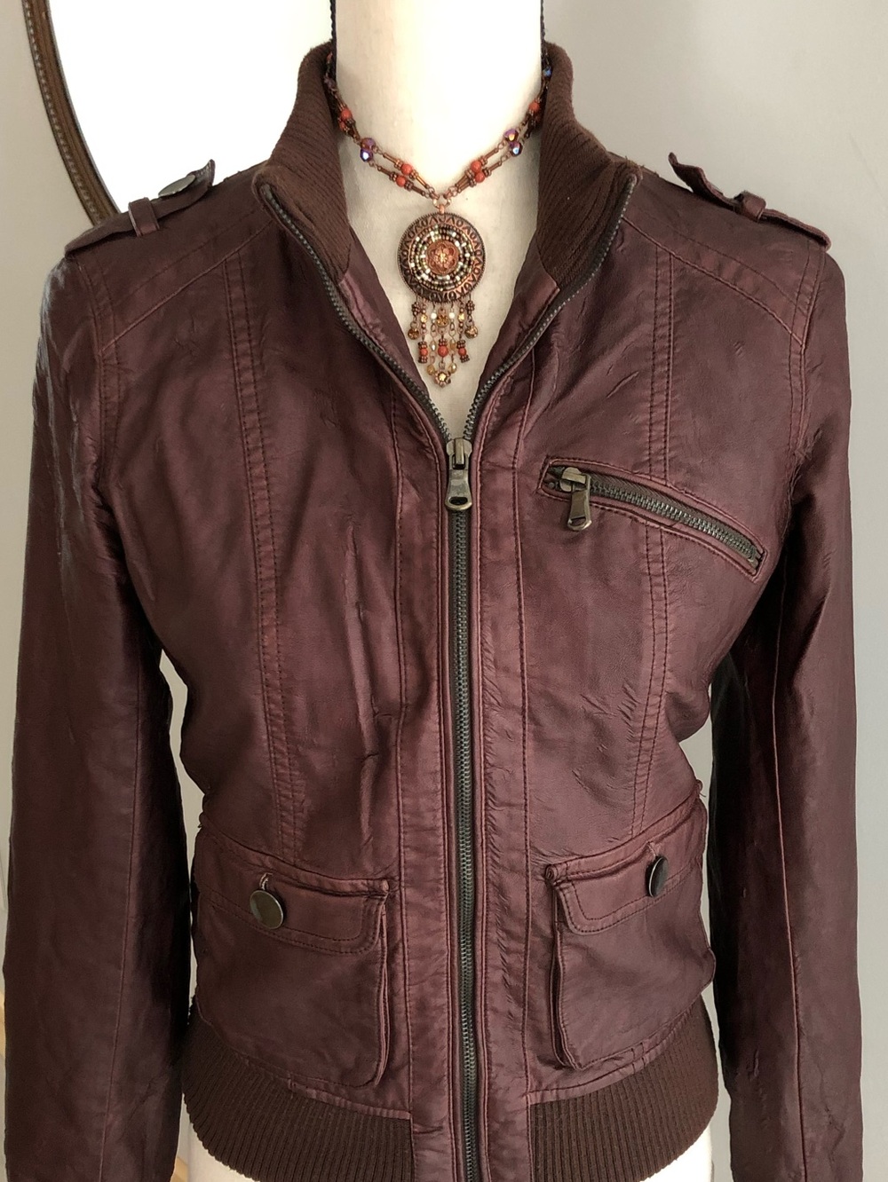 Xhilaration Burgundy Faux Leather Moto Jacket Size Small